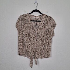 Mi Ami Leopard Crop Blouse Sz M Tie Front Boxy Animal Print Boho Safari Beach